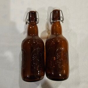 Grolsch Amber Beer Bottles Set (2) - Swing Top, Embossed - Collectible